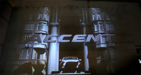 Horizontal and vertical 3D video projection, a hanging car, a stuntman and great graphics for an amazing result: New thinking. New Possibilities. Hyundai Accent