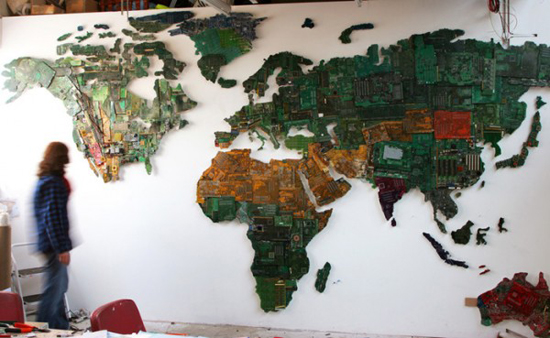 Enormous World Map Made from Recycled Computers by Susan Stockwell