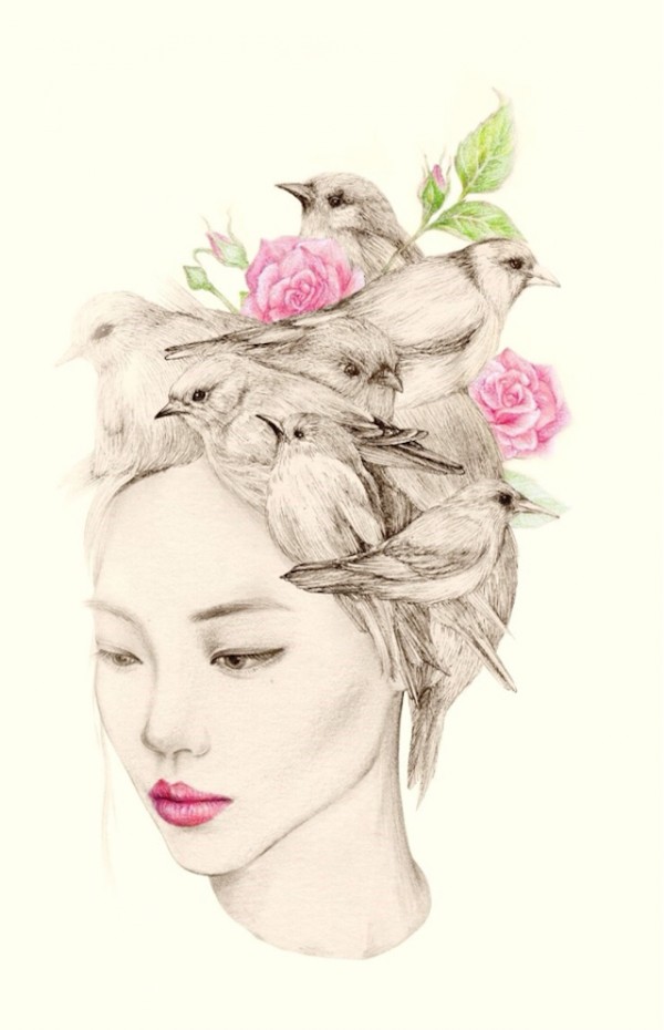The Girl and the birds, drawings by OkArt