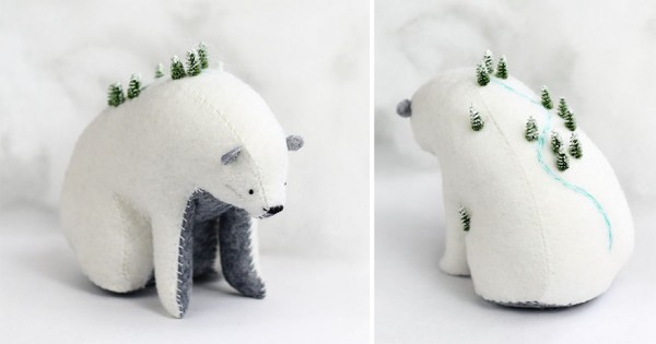 Bears that carry tiny worlds on their shoulders created by Jessie Cunningham