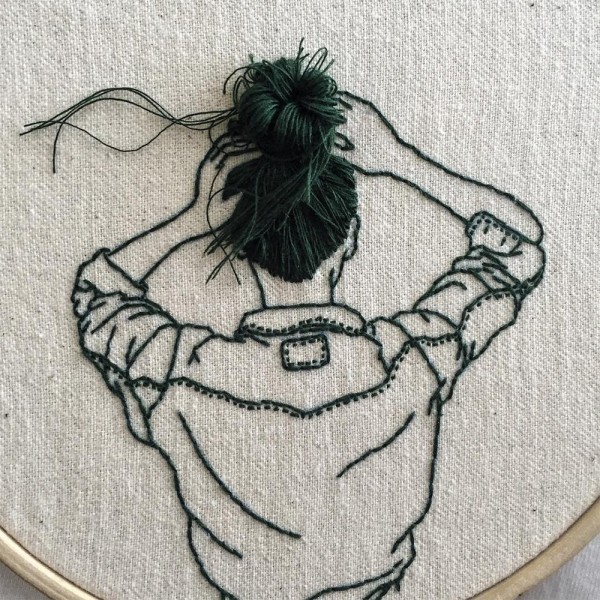 Hand-sewn hairstyles that cascade from embroidered hoops by Sheena Liam