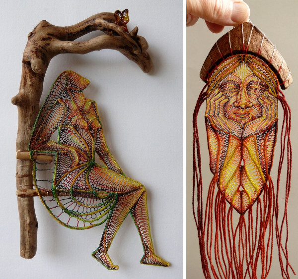 Figural lace sculptures attached to found wood by Agnes Herczeg