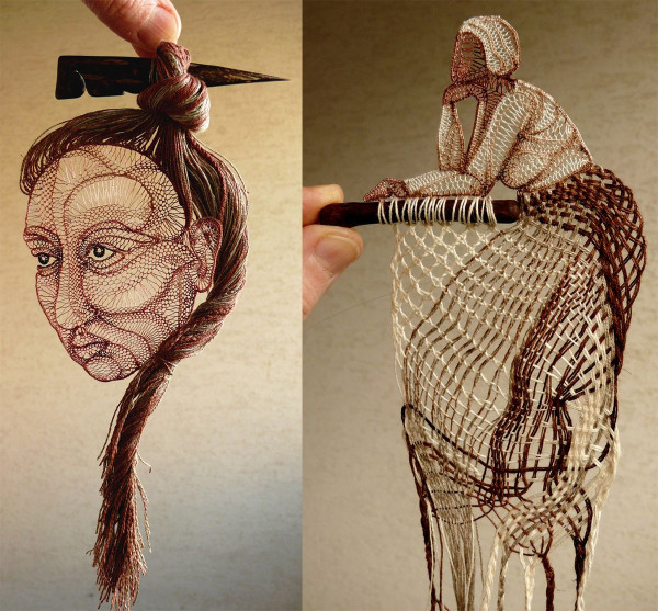 Figural lace sculptures attached to found wood by Agnes Herczeg