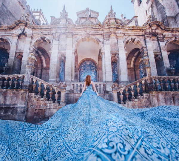 Girls in dresses against backgrounds of the most beautiful places