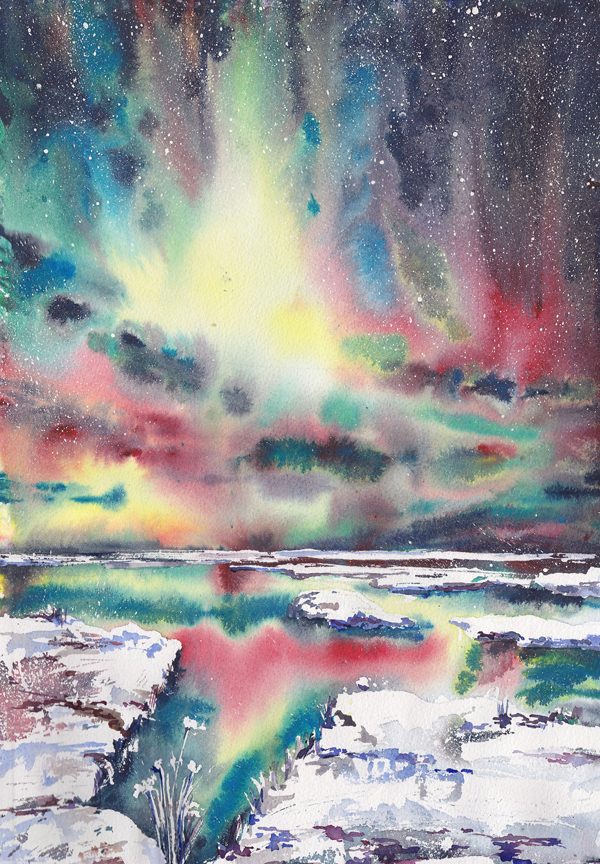 Aurora borealis, illustration by Liubov Syrotiuk