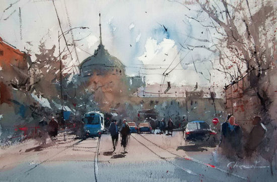Watercolor Cityscape by Eugen Chisnicean