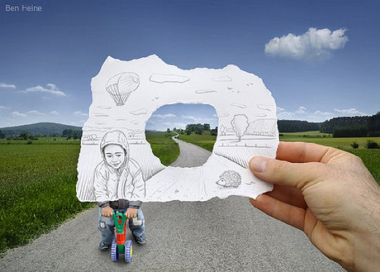 A single image showing 2 different actions, 'Pencil vs Camera' by Ben Heine