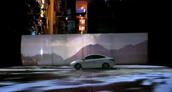 Horizontal and vertical 3D video projection, a hanging car, a stuntman and great graphics for an amazing result: New thinking. New Possibilities. Hyundai Accent