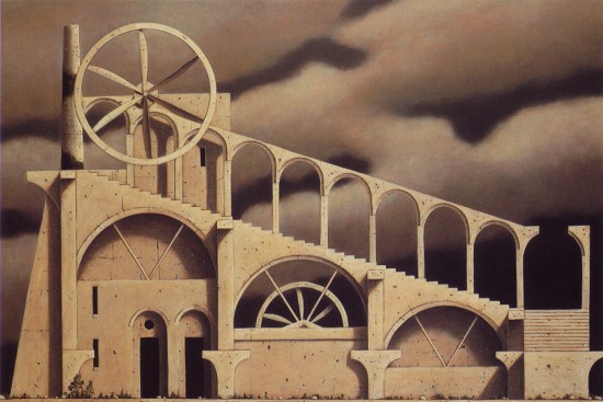 Fantastical buildings and impossible structures in paitings by  Minoru Nomata