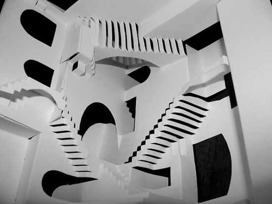 M.C. Escher's "Relativity", kirigami by Crackpot Papercraft