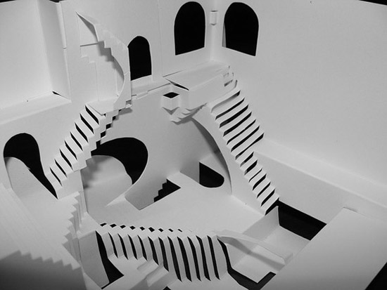 M.C. Escher's "Relativity", kirigami by Crackpot Papercraft