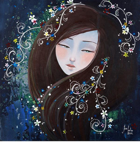Mysterious and melancholic woman painted by June Leloo