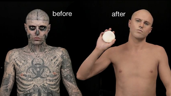 Zombie Boy makes his tattoos disappear