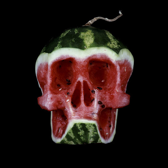 Carved fruit and veggie skulls by Dimitri Tsykalov