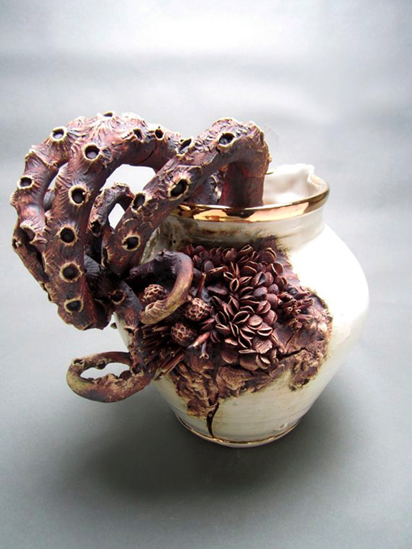 Mary O’Malley, sculptural porcelain, teapots, cups, vases, barnacles, tentacles, sea creatures, porcelain crustaceans, Bottom Feeders