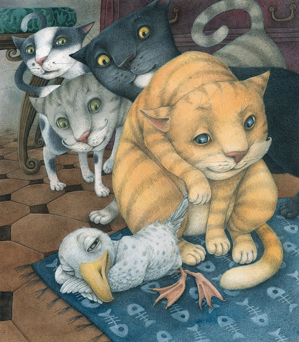 The story of a seagull and the cat, illustration by Lina Dūdaitė