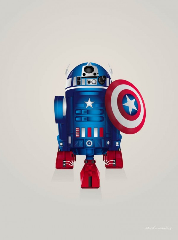 Starwars droid R2-D2 superheroes, illustration by Steve Berrington