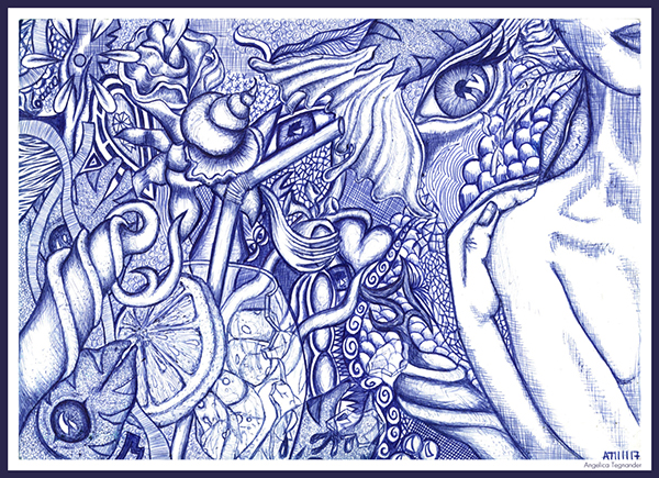 Blue pen doodling and illustrations by Angelica Tegnander
