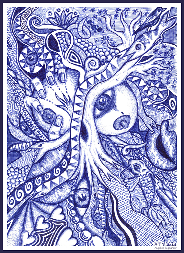Blue pen doodling and illustrations by Angelica Tegnander