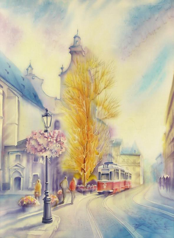 Once in the street: cityscapes - silk painting by Olena Korolyuk