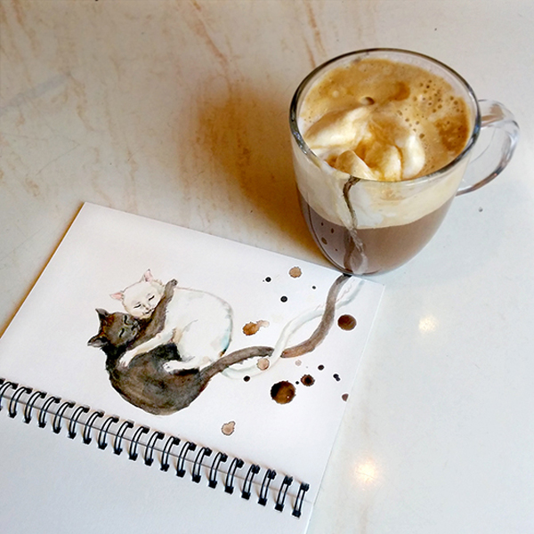 Coffee cats, paintings by Elena Efremova