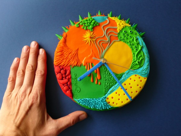 Abstract mixture - wall clock made of polymer clay by Justyna Wołodkiewicz