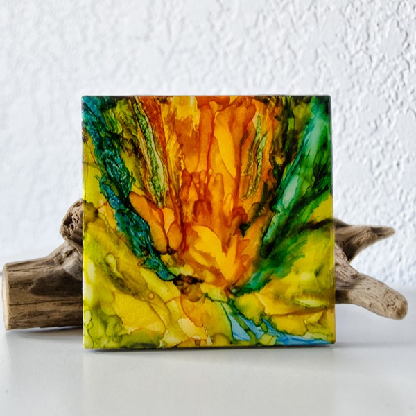 Alcohol ink on ceramic tile — hand painted by Janet Mitchell