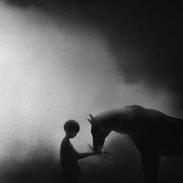 Children and animal, black watercolour paintings by Elicia Edijanto
