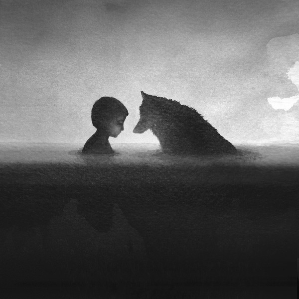 Children and animal, black watercolour paintings by Elicia Edijanto