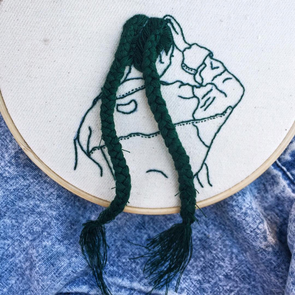 Hand-sewn hairstyles that cascade from embroidered hoops by Sheena Liam