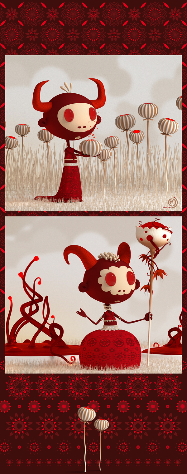 Various characters in red, digital art by Christian Martin Jarrand