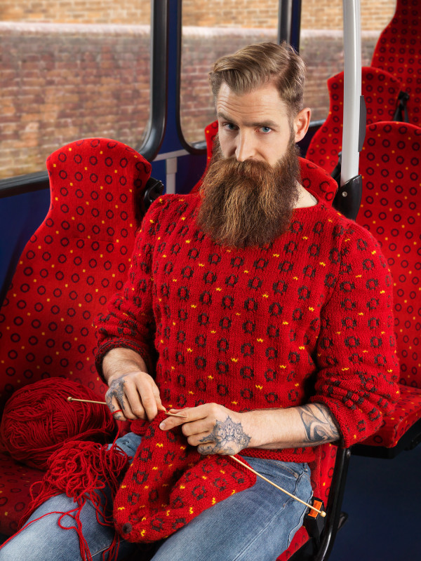 Custom hand-knit sweaters blend subjects into urban environments