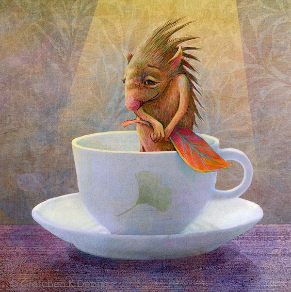 Tiny monsters in teacups, illustration by Gretchen Deahl