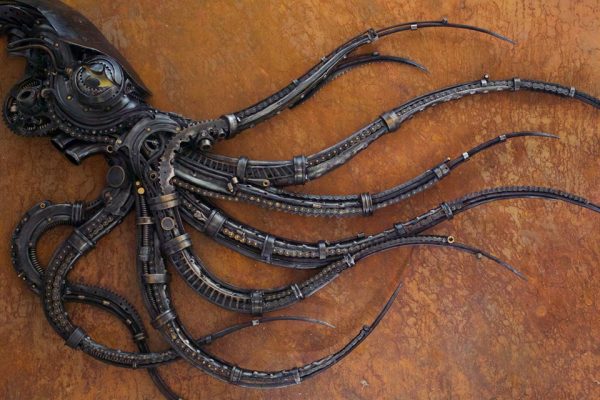Fantastical hybrid creatures, recycled scrap metal sculpture by Alan Williams