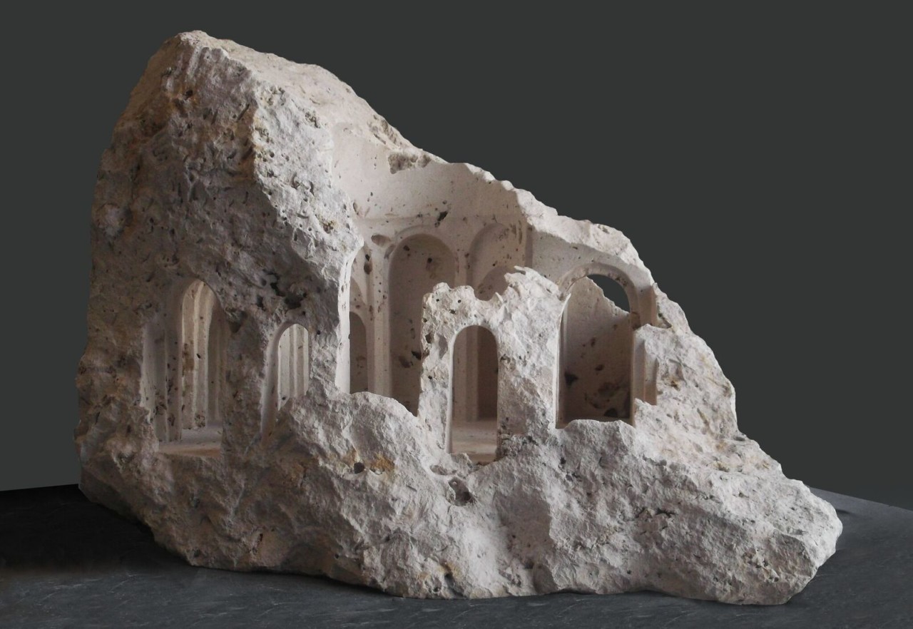 Miniature architectural structures carved into raw stone by Matthew ...